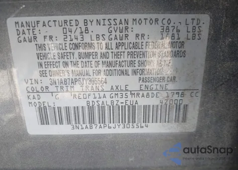 2018 Nissan Sentra S from USA, damaged, VIN 3N1AB7AP6JY305564